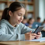 Adolescente connectée à la plateforme scolaire ONE sur son smartphone en classe