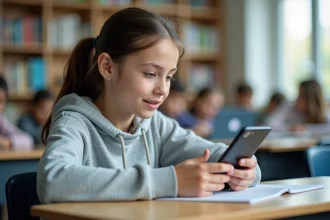 Adolescente connectée à la plateforme scolaire ONE sur son smartphone en classe