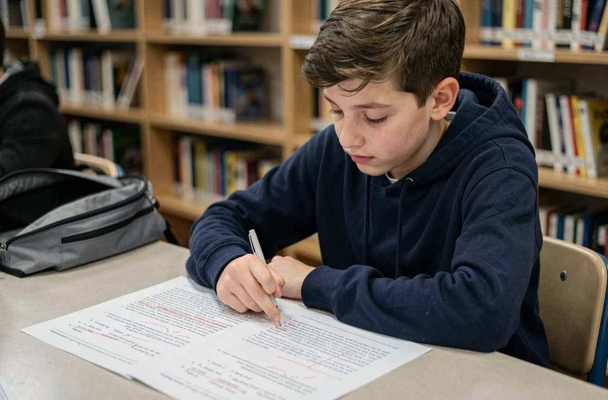 Adolescent étudiant des exercices corrigés sur les verbes du 2ème groupe dans une bibliothèque scolaire, feuilletant des feuilles de grammaire annotées en rouge