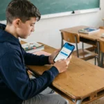 Élève de lycée consultant le portail ENT Cholet sur son smartphone Android en classe