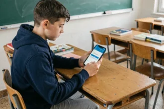 Élève de lycée consultant le portail ENT Cholet sur son smartphone Android en classe