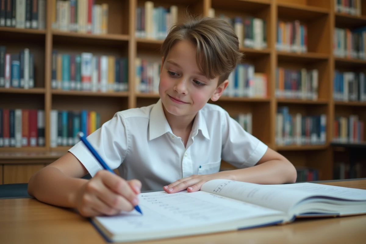 Adolescent écrivant les conjugaisons du passé simple du verbe choisir dans un cahier dans une bibliothèque scolaire
