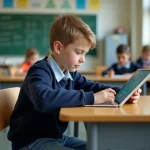 Élève de primaire utilisant une tablette numérique pour accéder à un espace numérique de travail scolaire en classe