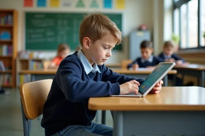 Élève de primaire utilisant une tablette numérique pour accéder à un espace numérique de travail scolaire en classe