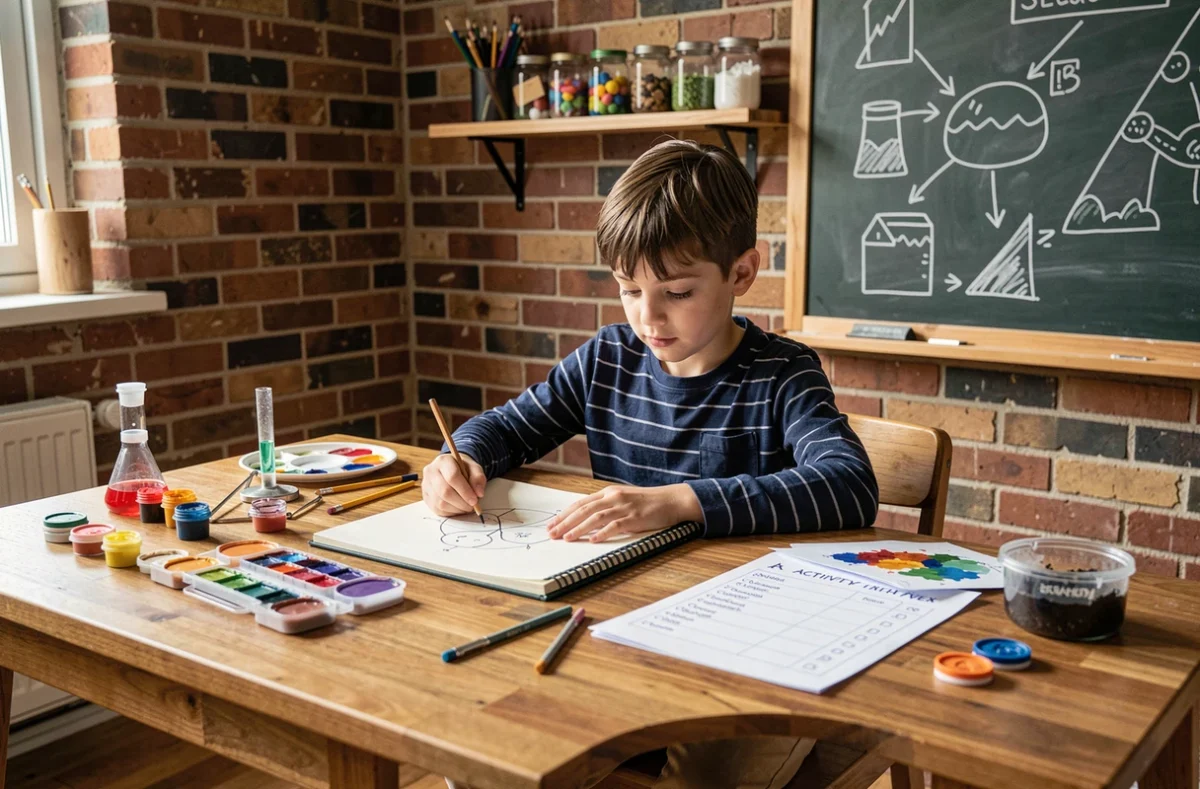 Enfant concentré sur des activités éducatives variées à son bureau à la maison