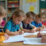 Groupe d'enfants d'école primaire en classe avec leurs cahiers