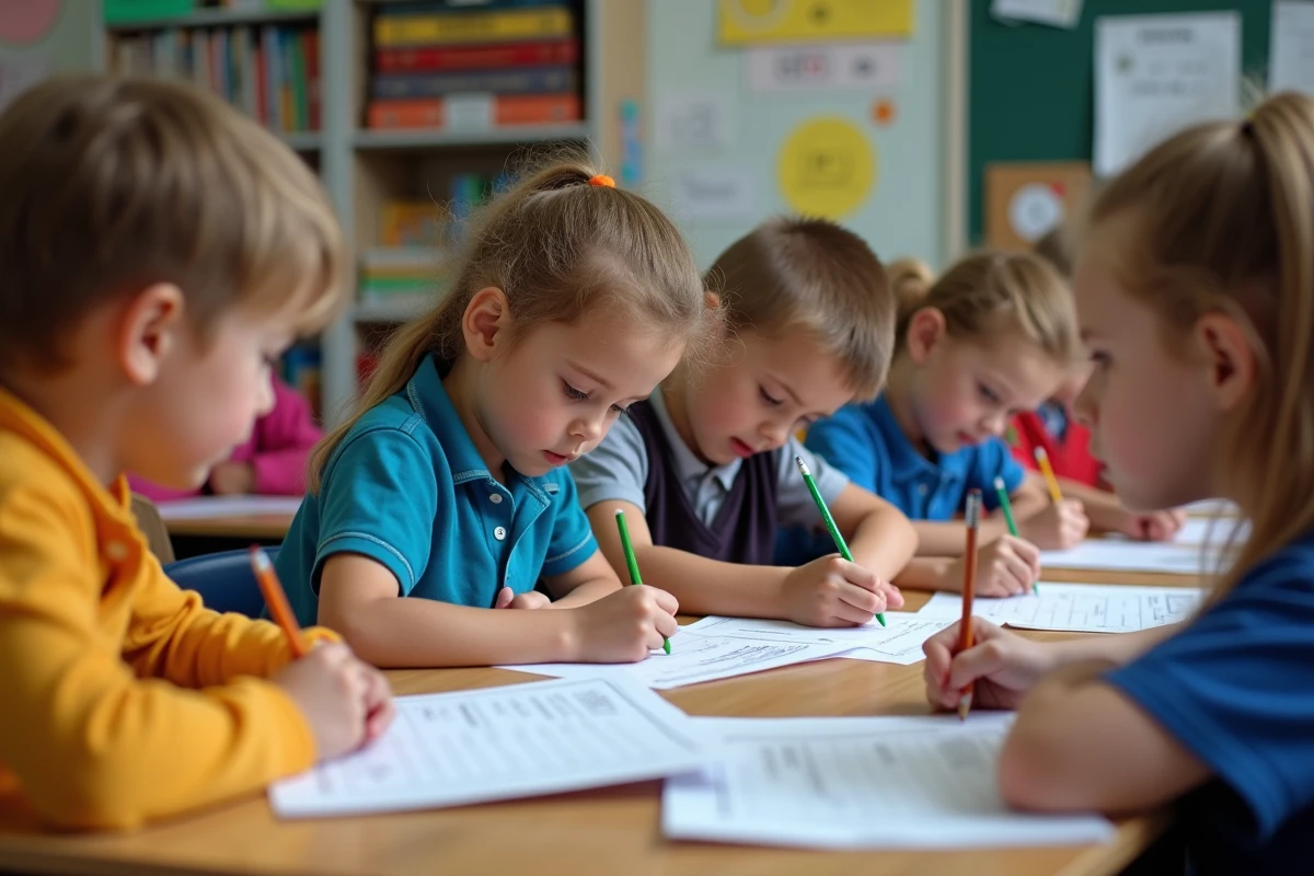 Groupe d'enfants d'école primaire en classe avec leurs cahiers