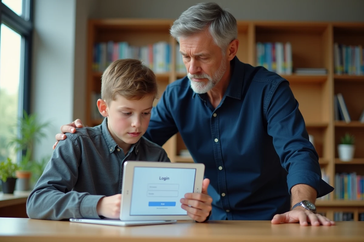 Enseignant aidant un élève à se connecter à la plateforme ONE sur une tablette en bibliothèque scolaire