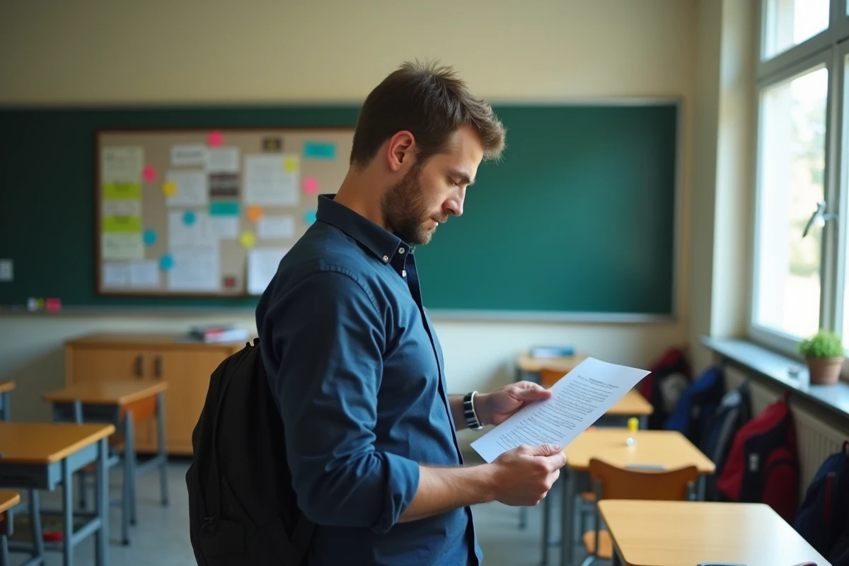 Enseignant du primaire examinant un document administratif lié à Maclasse.fr dans une salle de classe française avant la rentrée 2026