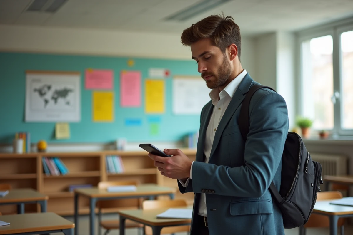 Enseignant dans une salle de classe moderne avec smartphone