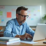 Professeur homme en classe moderne avec ordinateur et cahiers