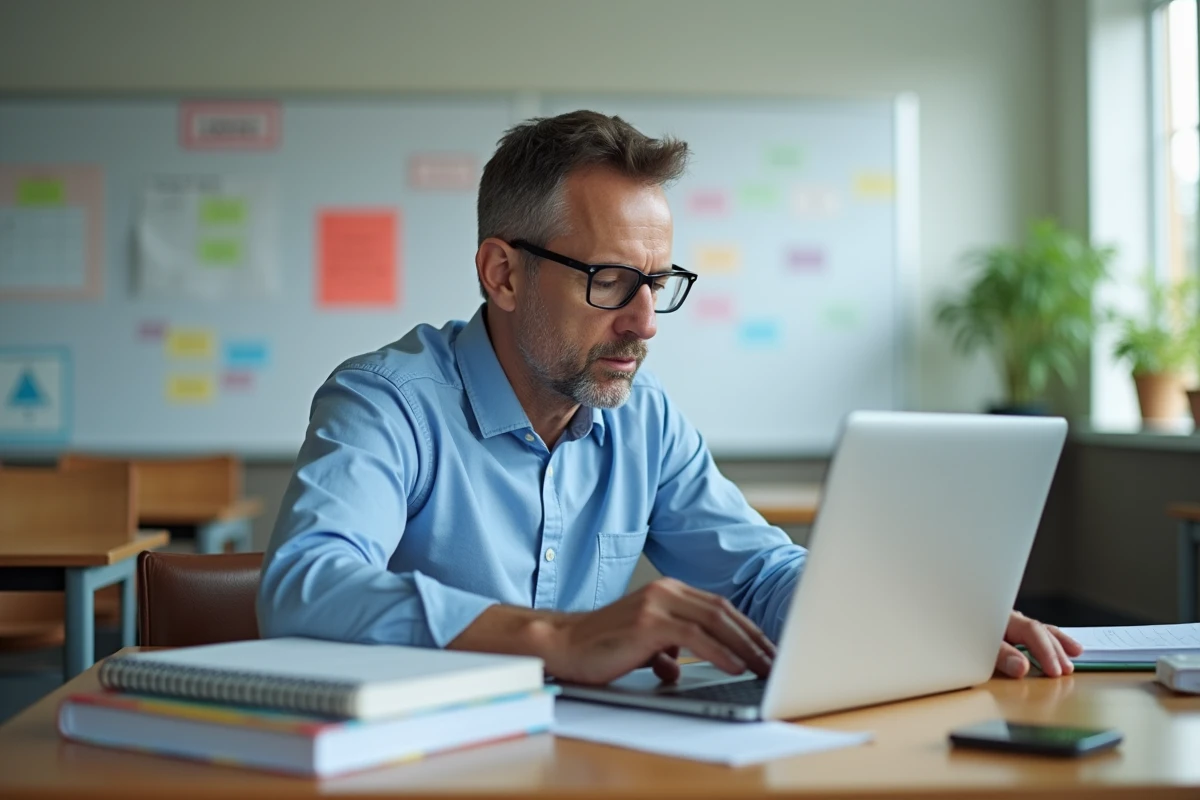 Professeur homme en classe moderne avec ordinateur et cahiers