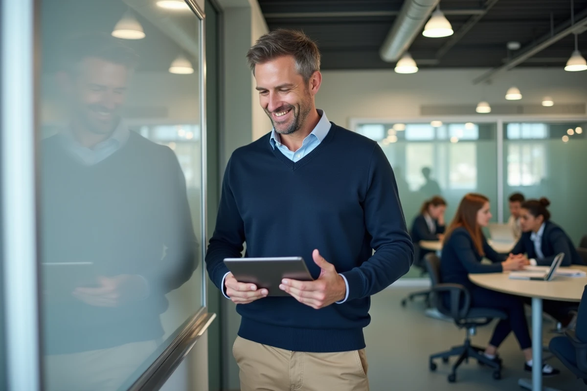 Professeur vérifiant emploi du temps avec tablette