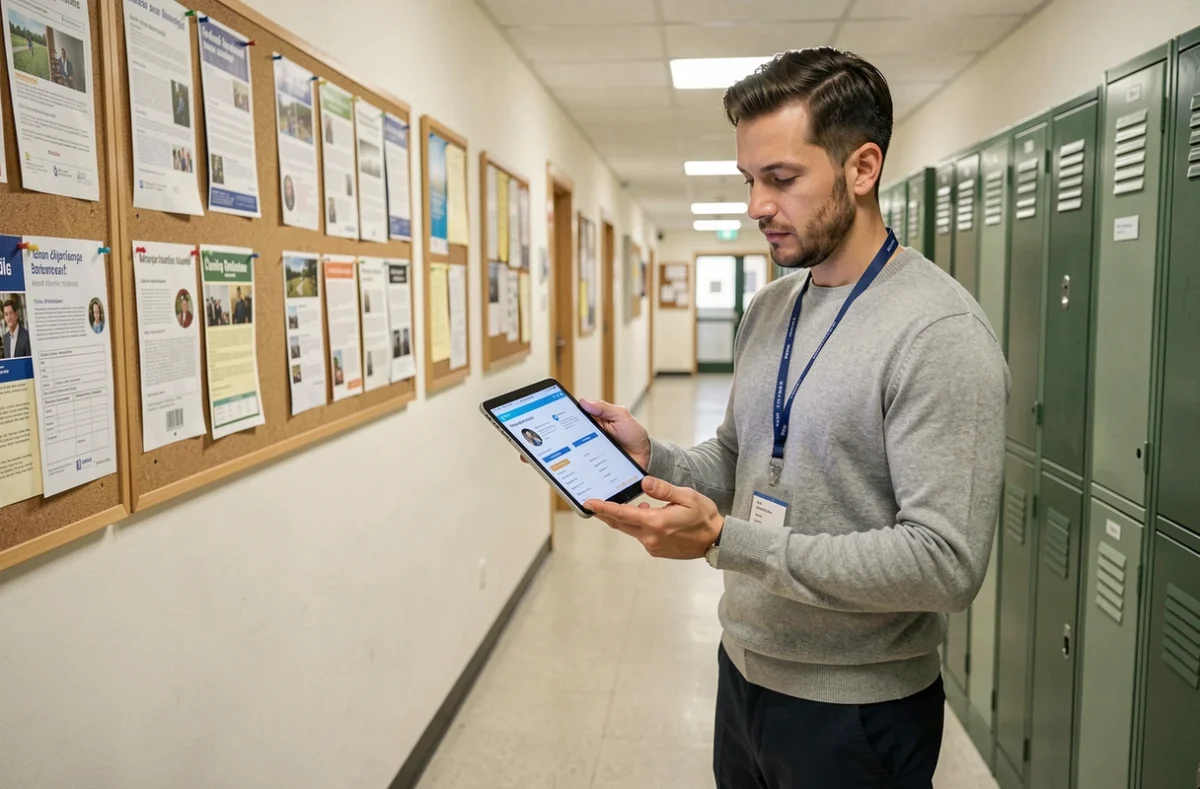 Un enseignant consulte le portail intranet de l'académie d'Amiens sur une tablette dans un couloir d'établissement scolaire