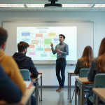 Jeune enseignant dans une salle moderne et lumineuse