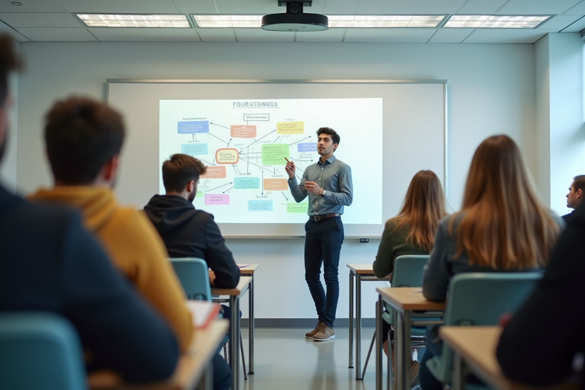Jeune enseignant dans une salle moderne et lumineuse