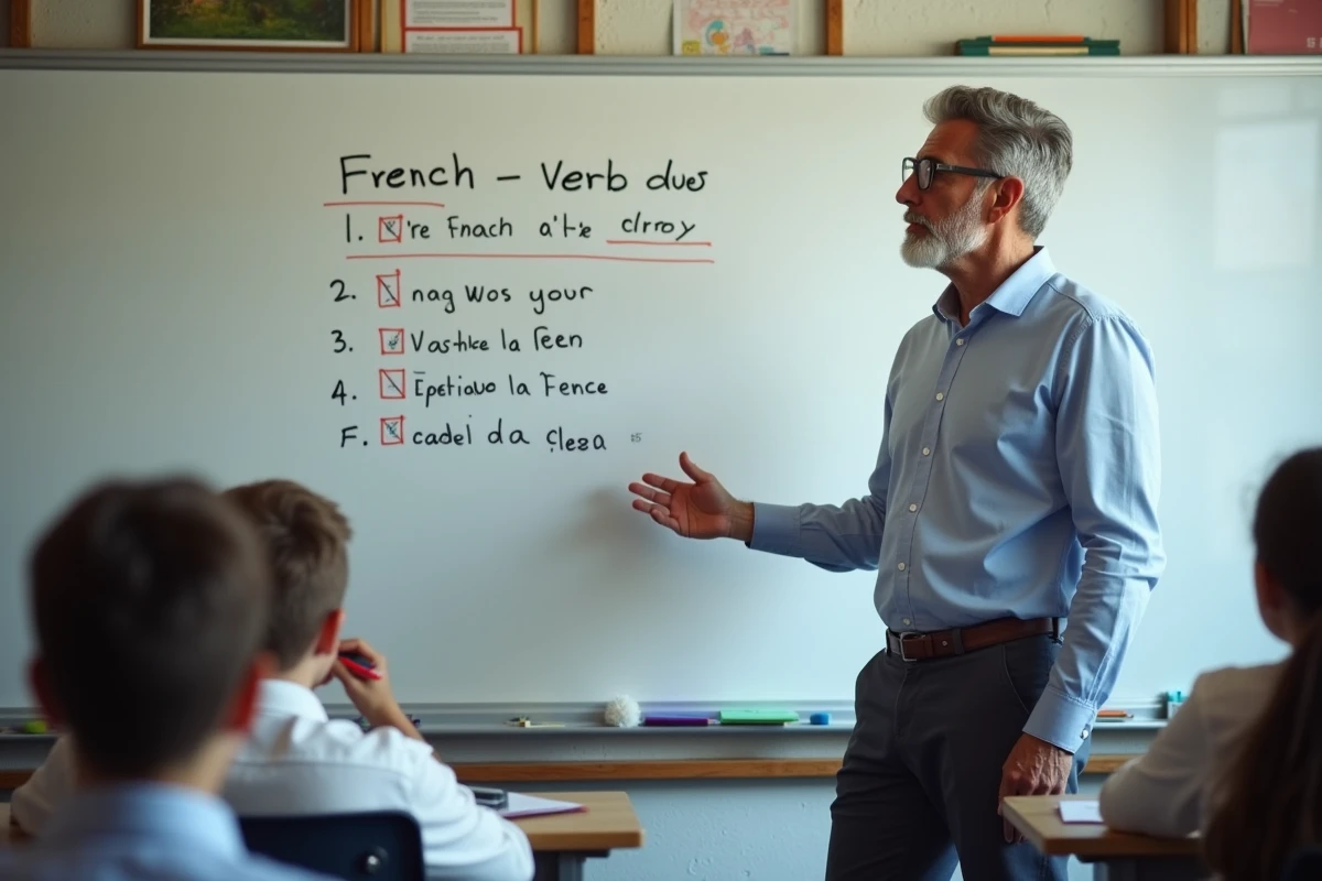 Professeur expliquant des verbes français devant un tableau blanc