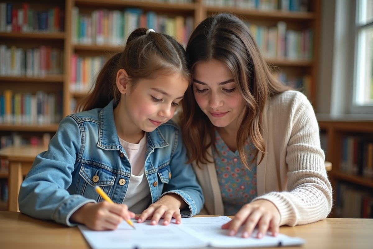 Jeune enseignante aidant une élève en bibliothèque