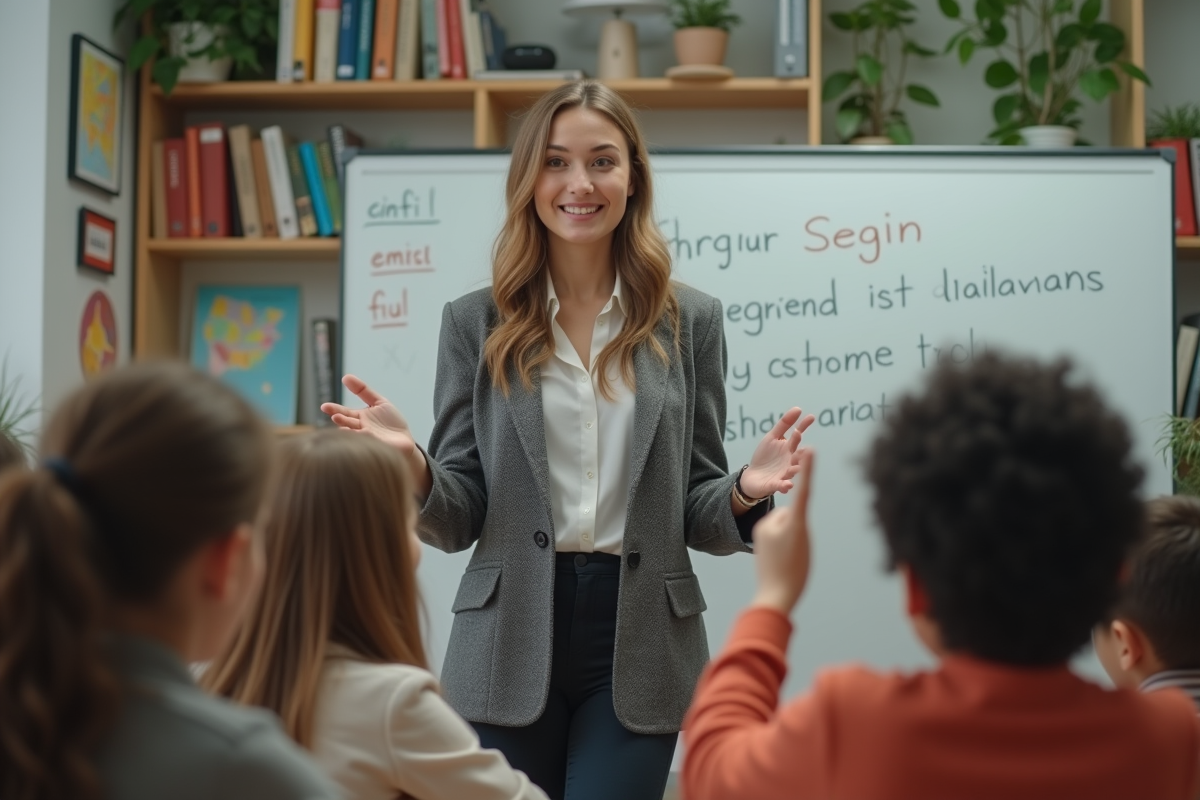 Enseignante souriante avec des élèves en classe