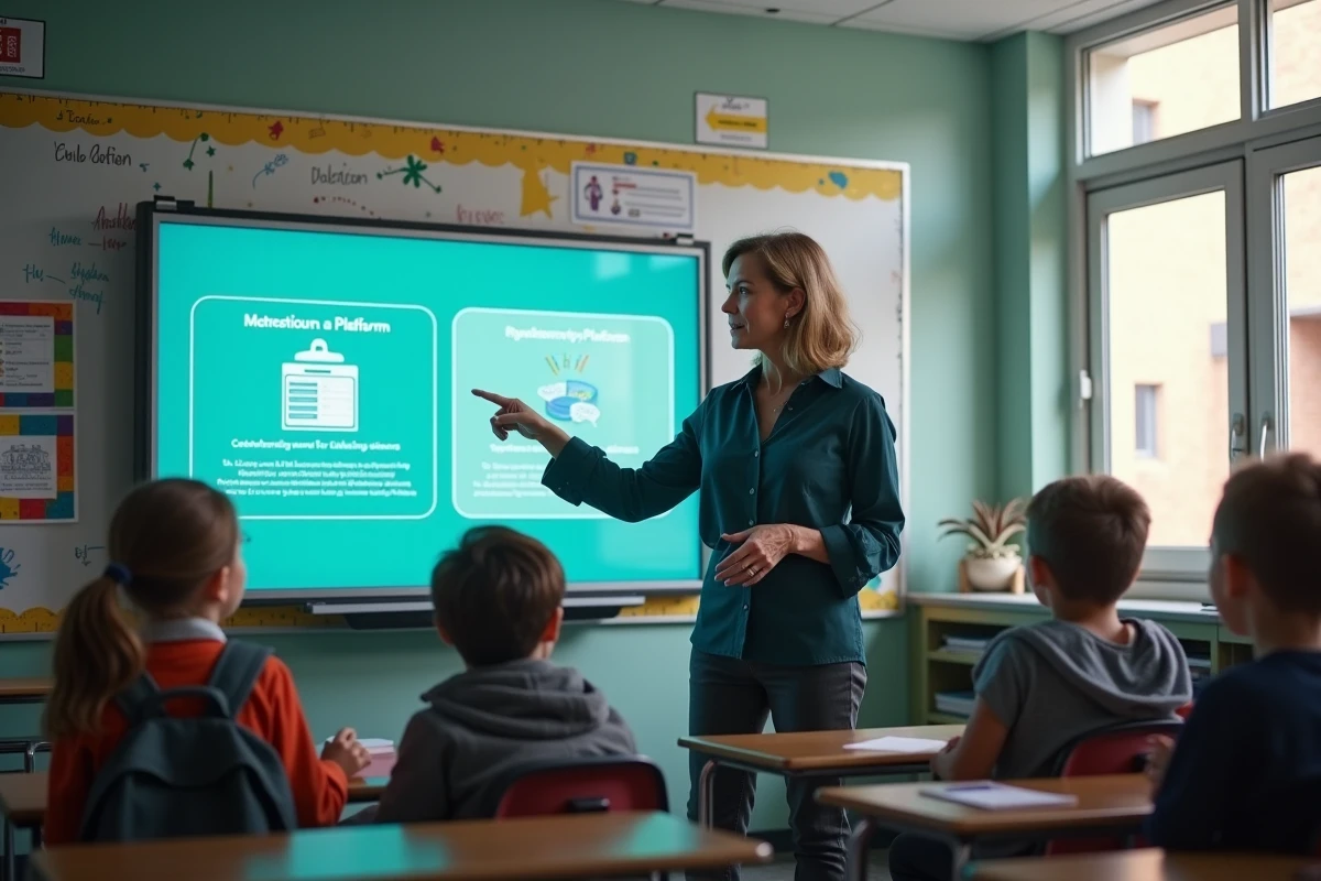 Enseignante présentant les différences entre deux plateformes numériques scolaires devant ses élèves en classe