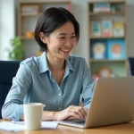 Femme enseignant devant ordinateur dans salle de classe