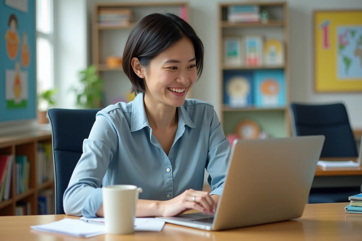 Femme enseignant devant ordinateur dans salle de classe