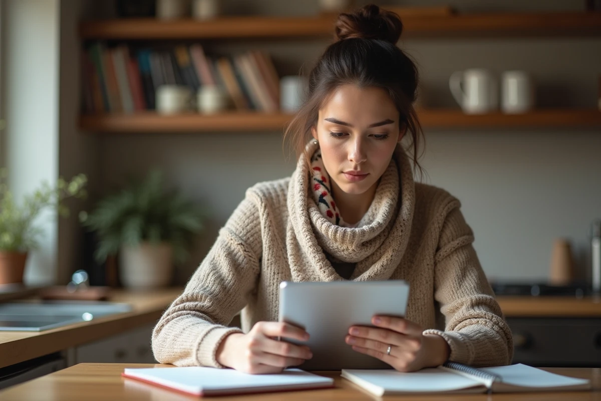 Femme enseignante à la maison utilisant une tablette dans la cuisine