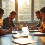 Groupe d'enseignants collaborant autour d'une table lumineuse