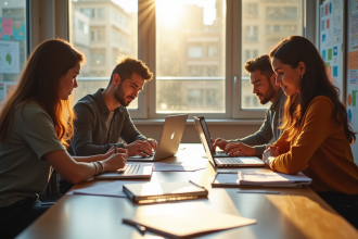 Groupe d'enseignants collaborant autour d'une table lumineuse