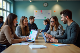 Groupe d'enseignants collaborant dans une salle de classe moderne