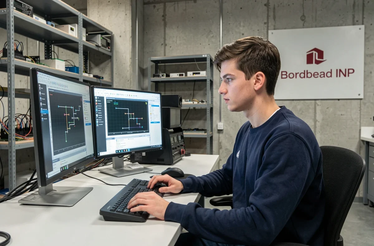 Étudiant en ingénierie informatique à l'ENSEIRB-MATMECA de Bordeaux INP devant ses écrans de simulation