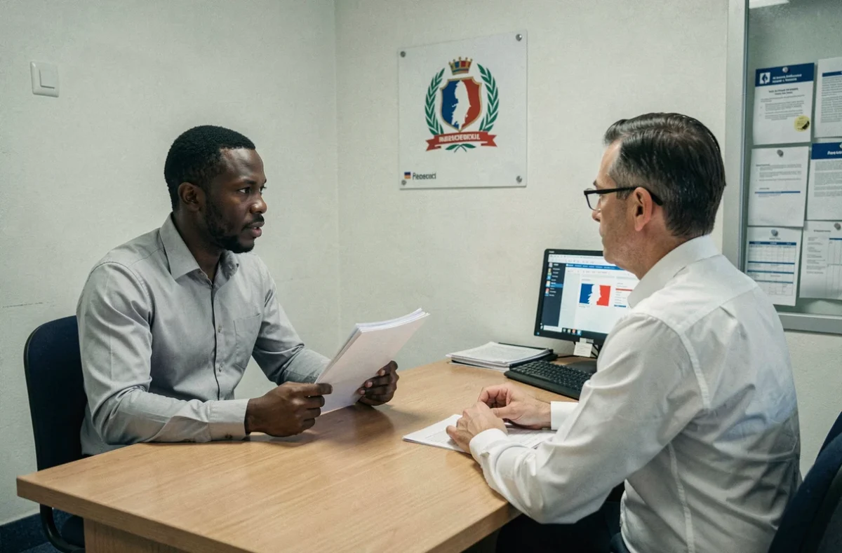 Homme présentant son dossier de naturalisation à un agent administratif en préfecture