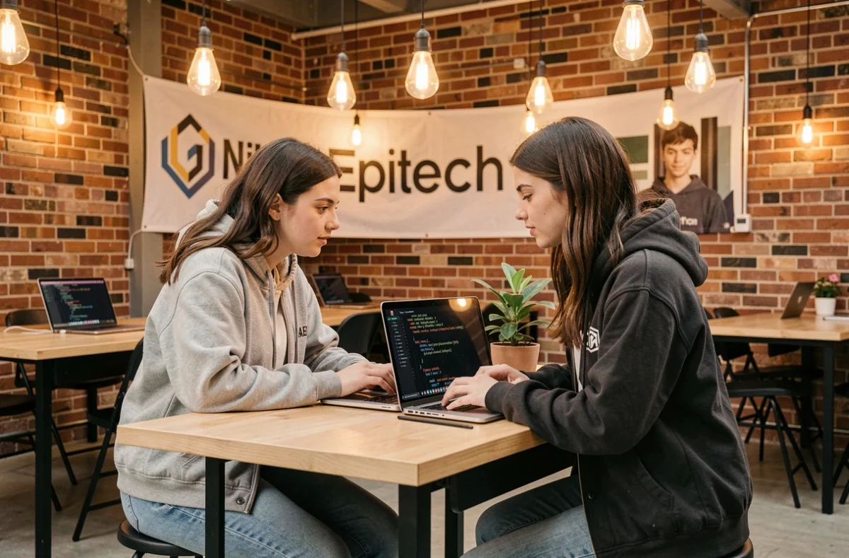 Deux étudiantes collaborant sur un projet de programmation dans les locaux modernes d'Epitech Bordeaux