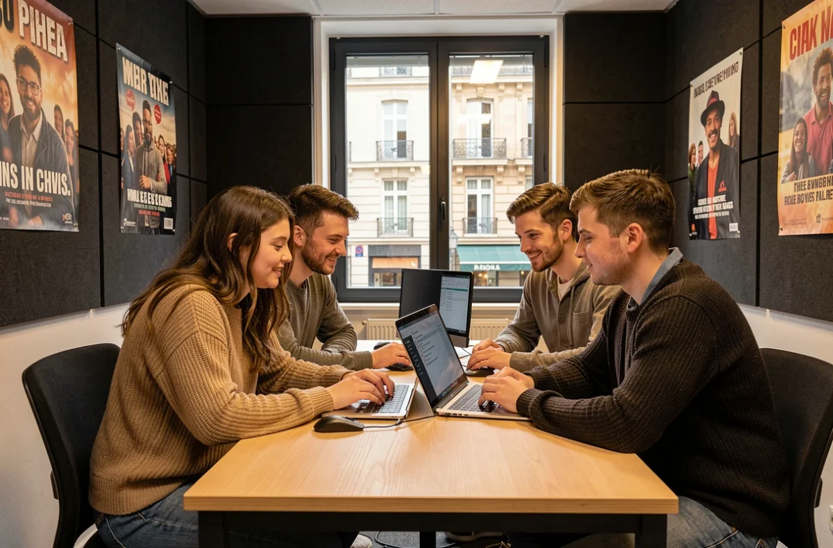 Groupe d'étudiants travaillant sur une base de données dans une salle informatique de l'EPSI Bordeaux