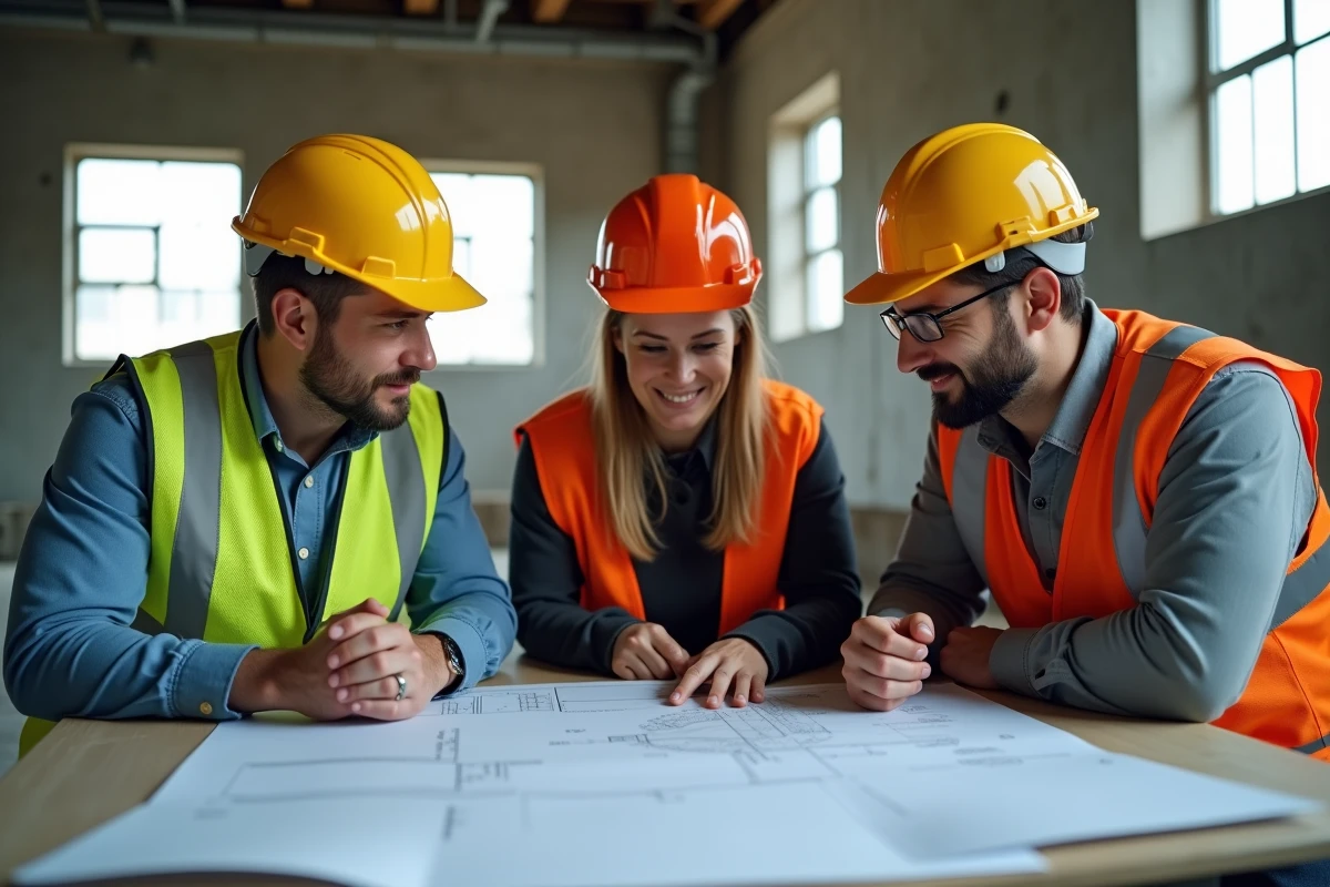 Équipe de professionnels BTP certifiés collaborant autour de plans de chantier dans un bâtiment industriel