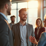 Groupe de professionnels en bureau lumineux avec leader confiant