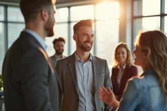 Groupe de professionnels en bureau lumineux avec leader confiant