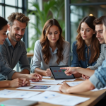 Equipe de professionnels discutant de maquettes UI