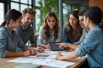 Equipe de professionnels discutant de maquettes UI