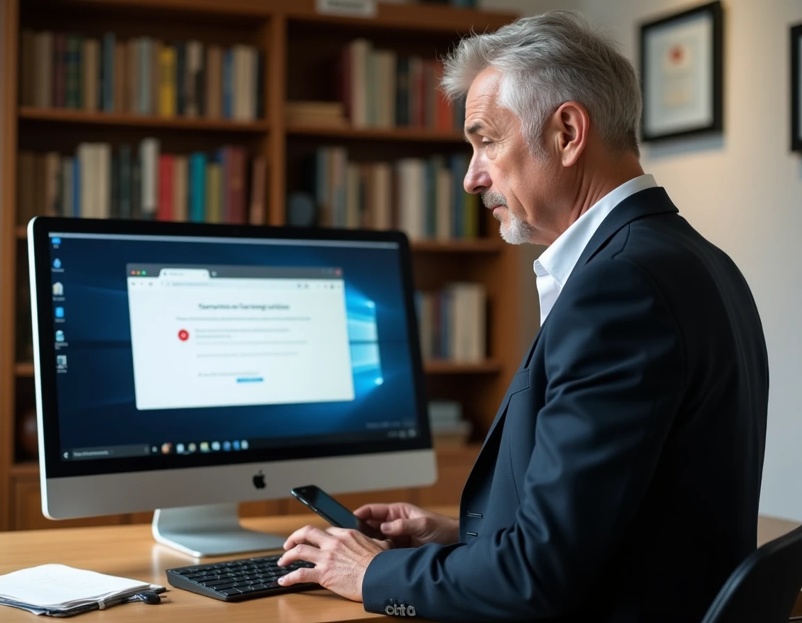 Homme d'affaires vérifiant ses identifiants face à une erreur d'authentification sur un ordinateur de bureau à domicile