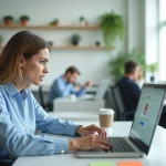 Femme professionnelle face à une erreur de connexion sur son ordinateur portable dans un bureau moderne