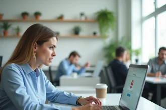 Femme professionnelle face à une erreur de connexion sur son ordinateur portable dans un bureau moderne