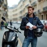 Jeune homme frustré tenant un document administratif à côté de son scooter 125cc en ville, illustrant les erreurs fréquentes lors de la démarche pour le permis 125 cm3