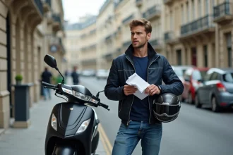 Jeune homme frustré tenant un document administratif à côté de son scooter 125cc en ville, illustrant les erreurs fréquentes lors de la démarche pour le permis 125 cm3