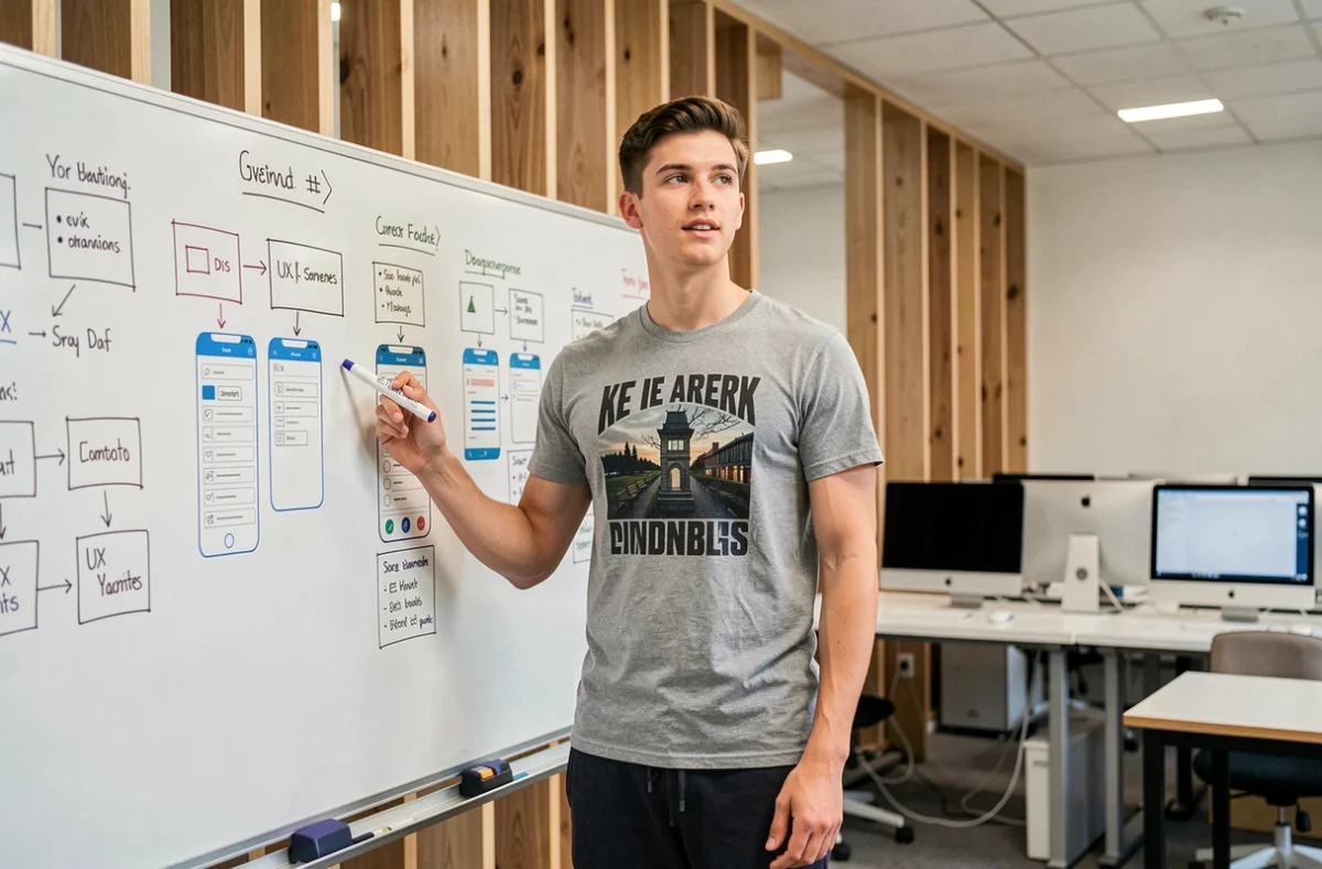 Étudiant en développement présentant des wireframes d'application dans une salle de cours de l'ESGI Bordeaux