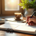 Espace de travail élégant avec carnet et plante verte
