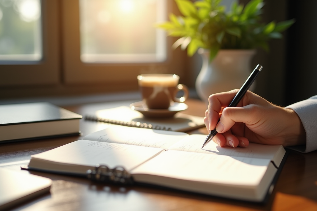 Espace de travail élégant avec carnet et plante verte