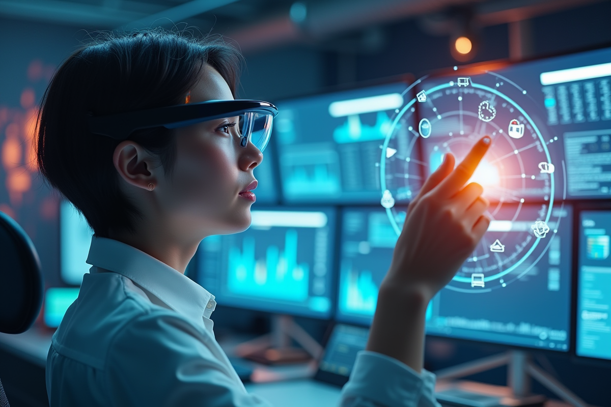 Jeune professionnel utilisant la réalité augmentée dans un espace moderne