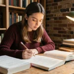 Jeune femme étudiant la conjugaison du passé simple du verbe aller dans une bibliothèque cosy entourée de livres de grammaire française
