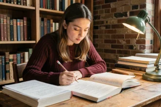 Jeune femme étudiant la conjugaison du passé simple du verbe aller dans une bibliothèque cosy entourée de livres de grammaire française